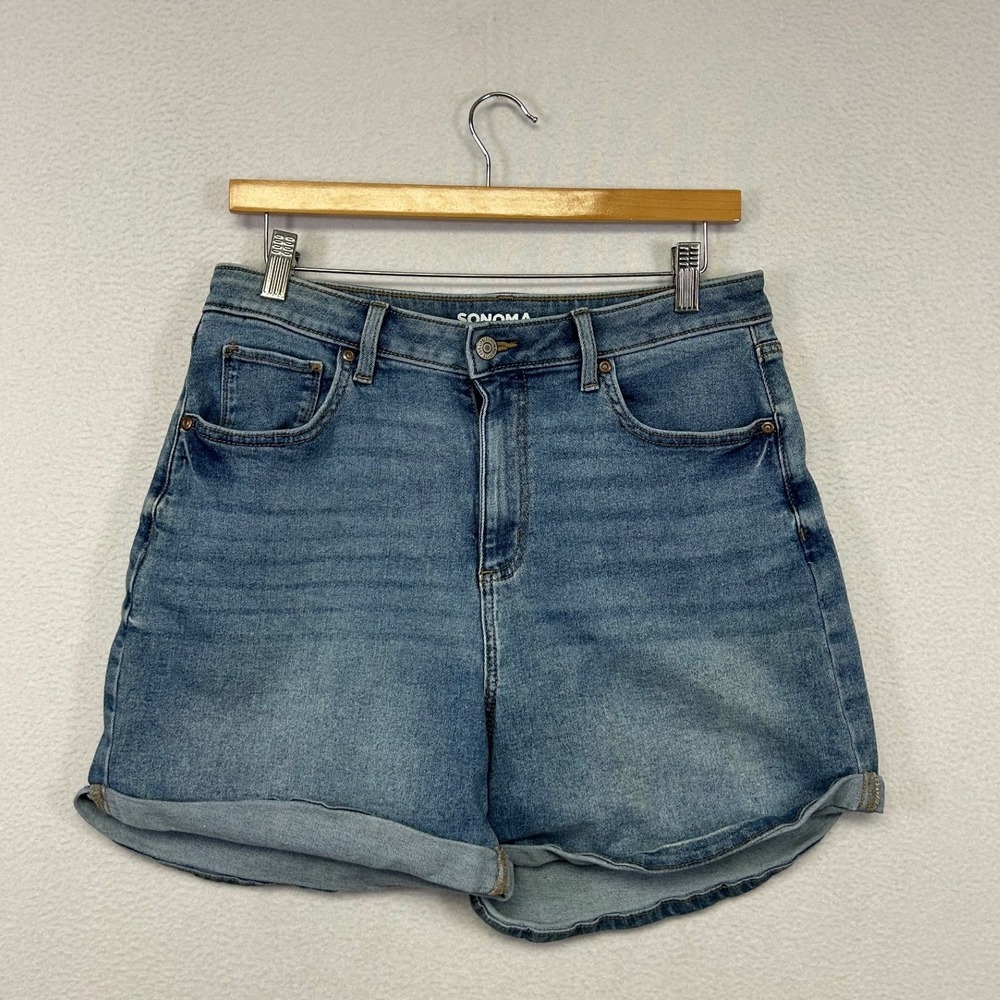 Boho Indie Sonoma Women 12 Blue Denim Cuffed High Rise Mom Shorts